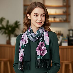 La Marey Dark Green Floral Printed Scarf