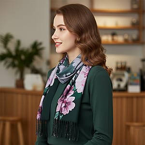 La Marey Dark Green Floral Printed Scarf