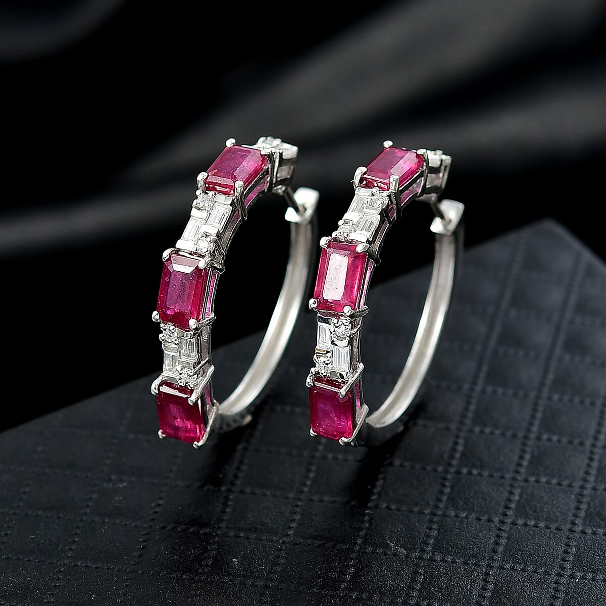 D'Joy Niassa Ruby and Moissanite 6.35 ctw Linear Luxe Earrings in Rhodium Over Sterling Silver image number 1