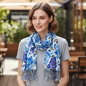 La Marey Blue Floral Printed Scarf
