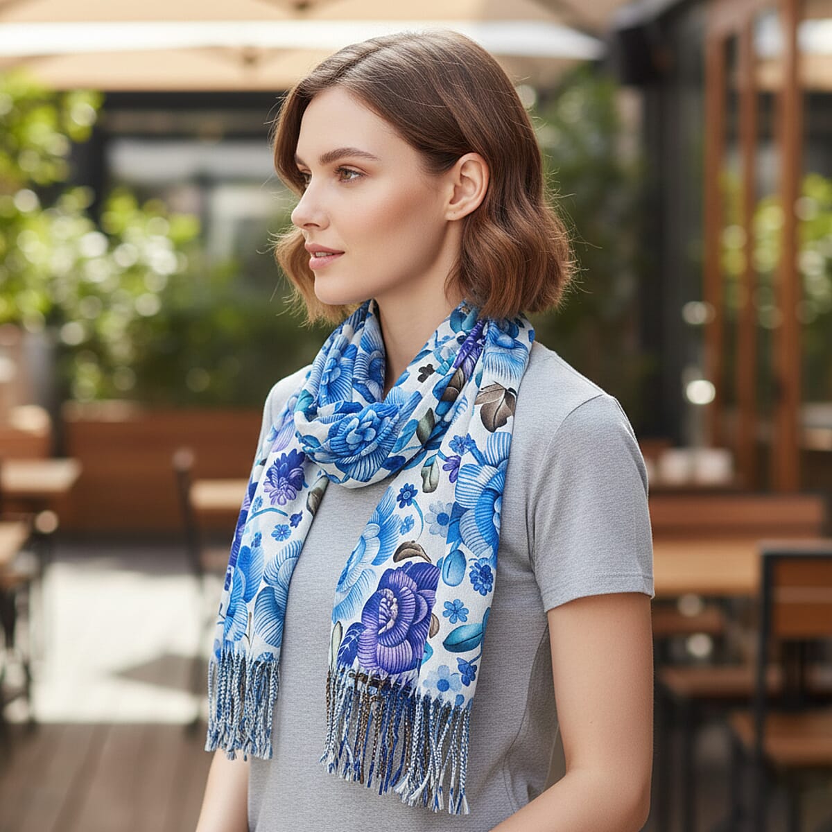 La Marey Blue Floral Printed Scarf image number 1
