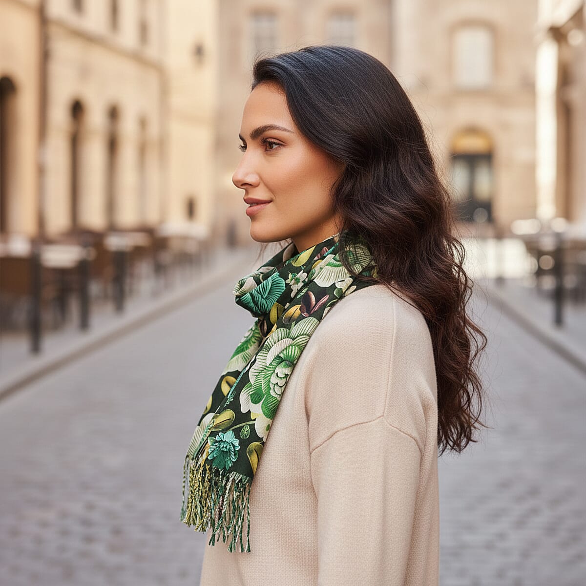 La Marey Green Floral Printed Scarf image number 1
