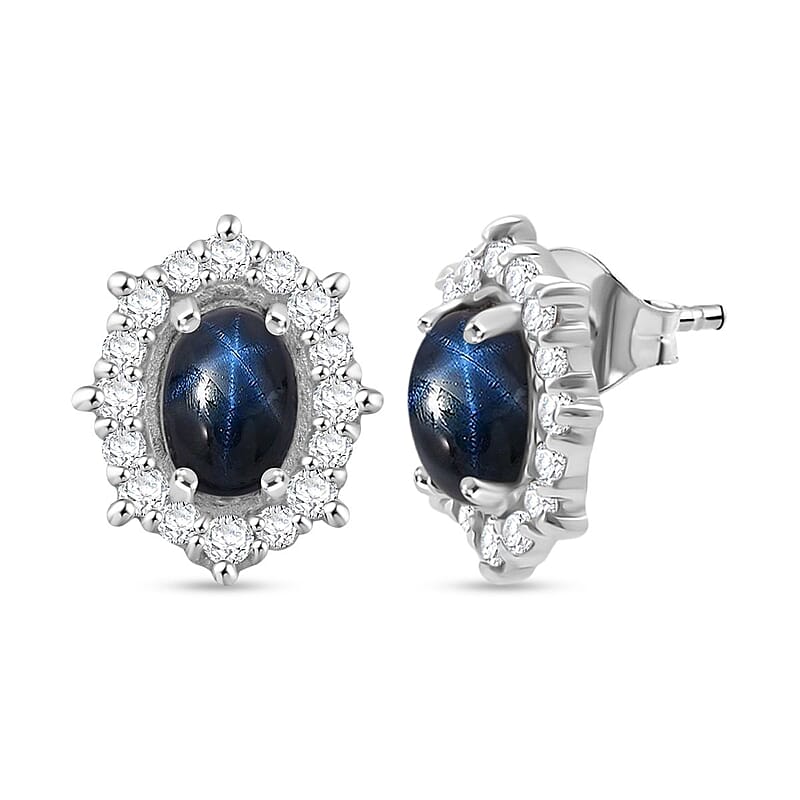 D'Joy Blue Star Sapphire (DF) and White Zircon 2.30 ctw Stud Earrings in Rhodium Over Sterling Silver