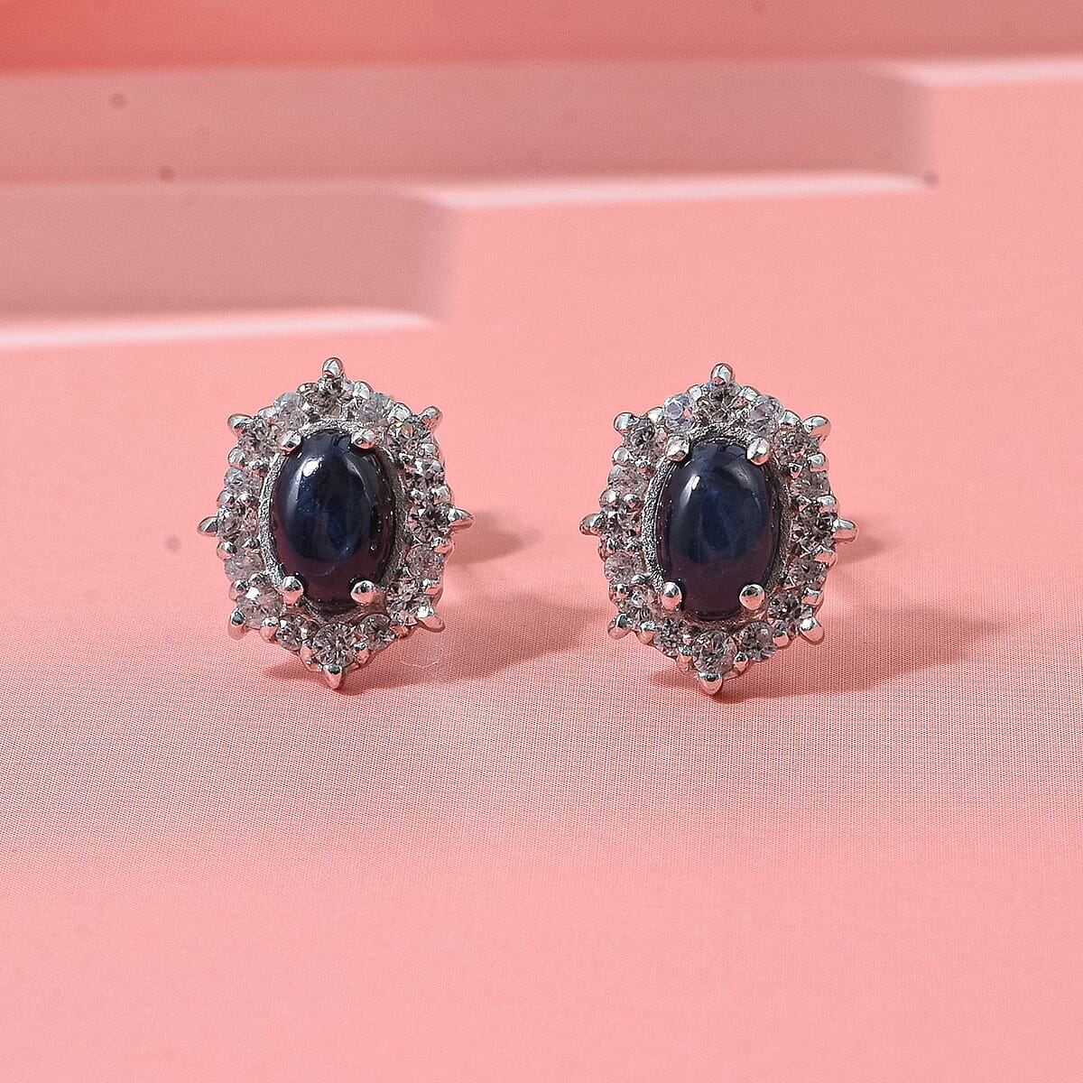Doorbuster D'Joy Blue Star Sapphire (DF) and White Zircon 2.30 ctw Stud Earrings in Rhodium Over Sterling Silver image number 1