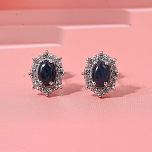Doorbuster D'Joy Blue Star Sapphire (DF) and White Zircon 2.30 ctw Stud Earrings in Rhodium Over Sterling Silver