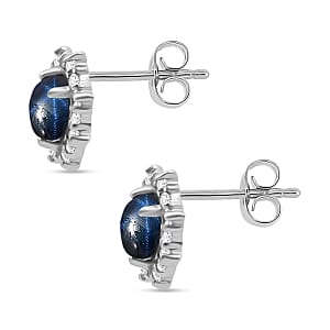 Doorbuster D'Joy Blue Star Sapphire (DF) and White Zircon 2.30 ctw Stud Earrings in Rhodium Over Sterling Silver