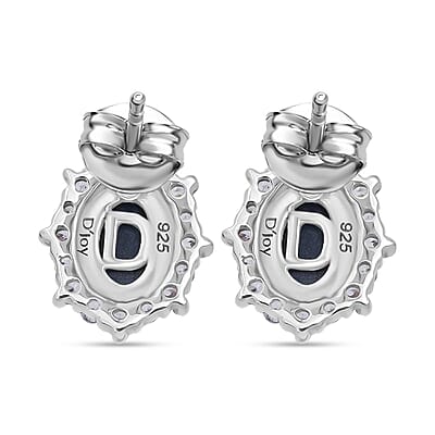 D'Joy Blue Star Sapphire (DF) and White Zircon 2.30 ctw Stud Earrings in Rhodium Over Sterling Silver