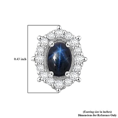 D'Joy Blue Star Sapphire (DF) and White Zircon 2.30 ctw Stud Earrings in Rhodium Over Sterling Silver