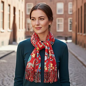 La Marey Red Floral Printed Scarf