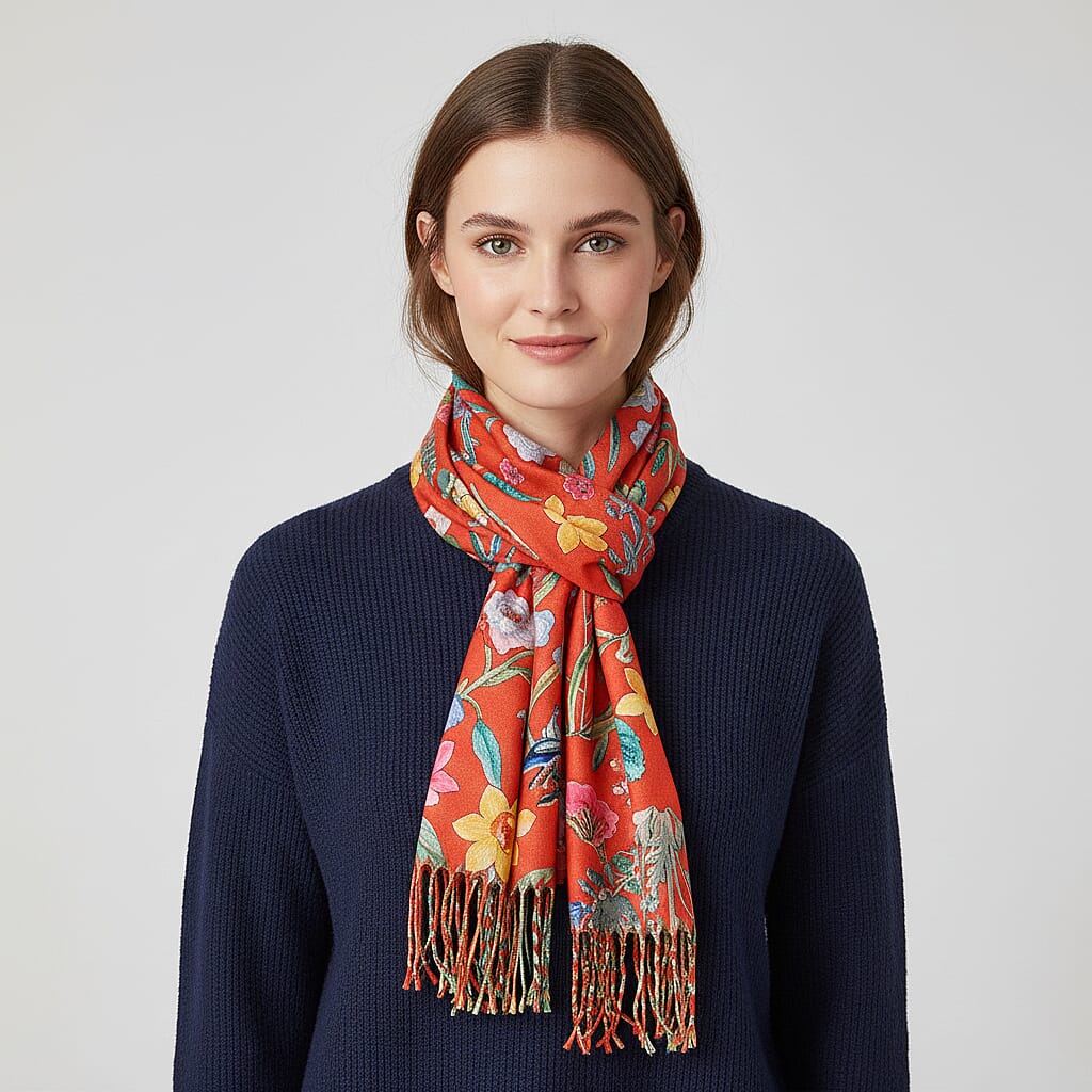 La Marey Light Green Floral Printed Scarf (27.56"×70.87")