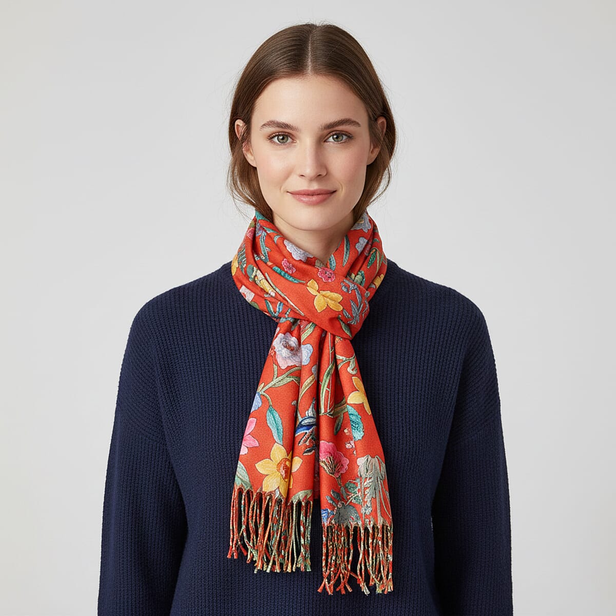 La Marey Orange Floral Printed Scarf image number 0