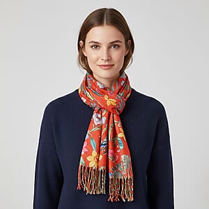 La Marey Orange Floral Printed Scarf