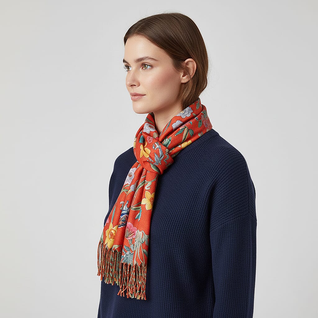 La Marey Orange Floral Printed Scarf