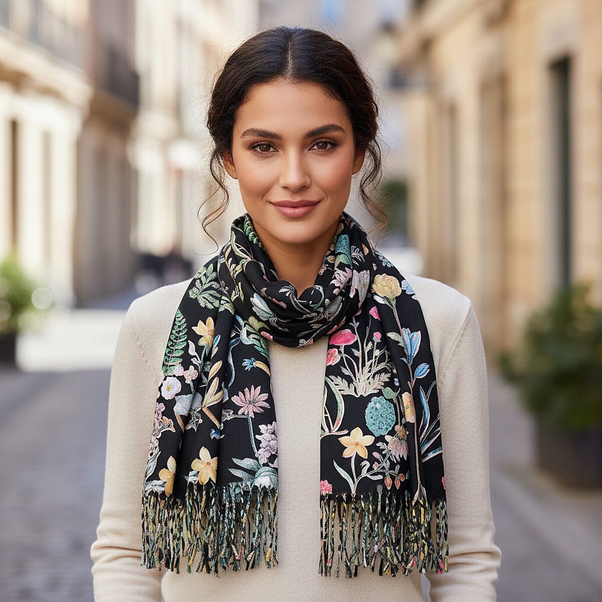 La Marey Black Floral Printed Scarf image number 0