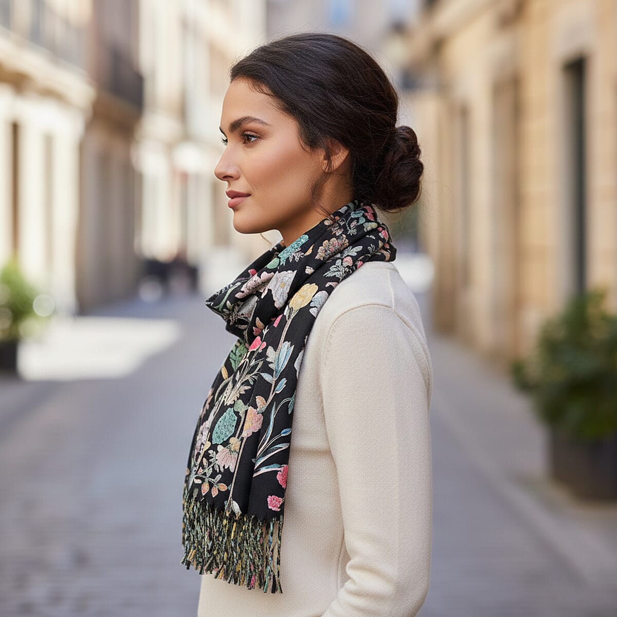 La Marey Black Floral Printed Scarf image number 1