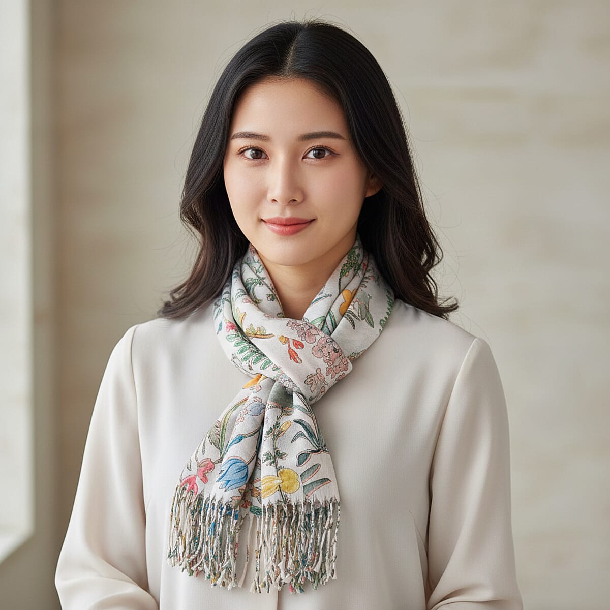 La Marey Beige Floral Printed Scarf image number 0