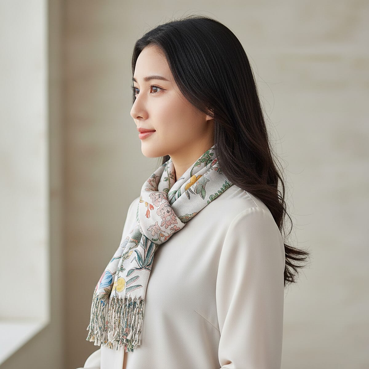 La Marey Beige Floral Printed Scarf image number 1