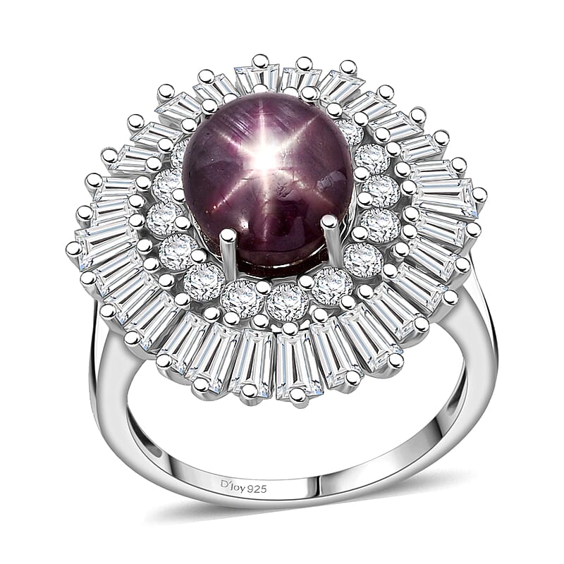 D'Joy Indian Star Ruby, Moissanite Ring in Rhodium Over Sterling Silver 9.65 ctw (Size 10.0)
