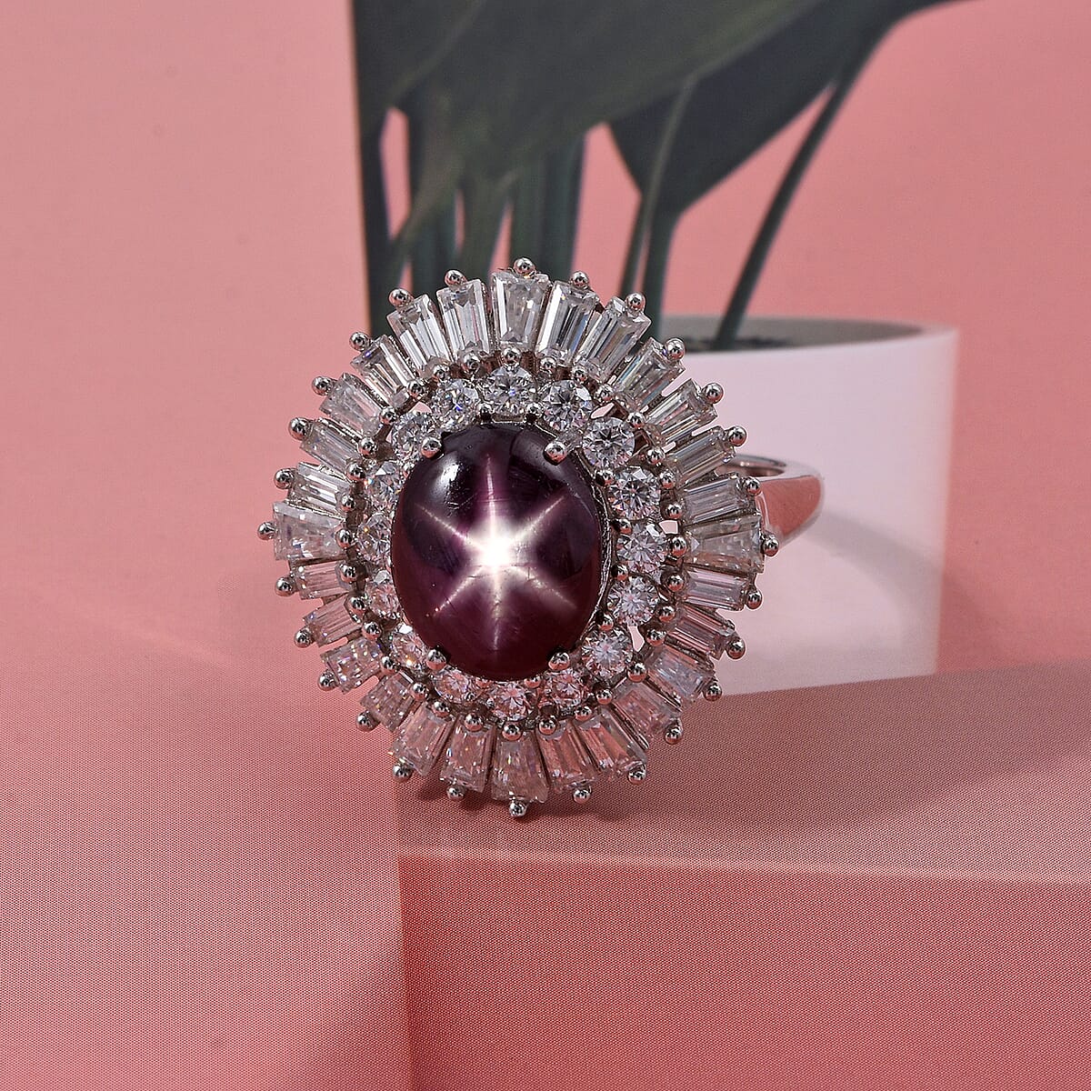 D'Joy Premium Indian Star Ruby and Moissanite 9.65 ctw Flame Crown Ring in Rhodium Over Sterling Silver (Size 7.0) (Del. in 10-12 Days) image number 1