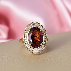 D'Joy Premium Red Citrine and Moissanite 6.10 ctw Crown of Flame Ring in 18K Vermeil Yellow Gold Over Sterling Silver (Size 10.0)
