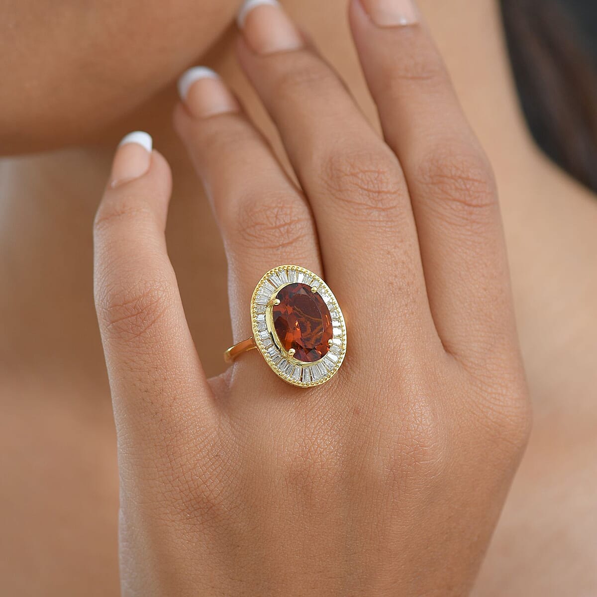 D'Joy Premium Red Citrine, Moissanite Ring in 18K Vermeil YG Over Sterling Silver (Size 10.0) 6.10 ctw image number 2