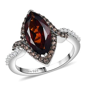 D'Joy Premium Red Citrine, White and Champagne Zircon 2.90 ctw Whisper of Fire Ring in Rhodium Over Sterling Silver (Size 8.0)