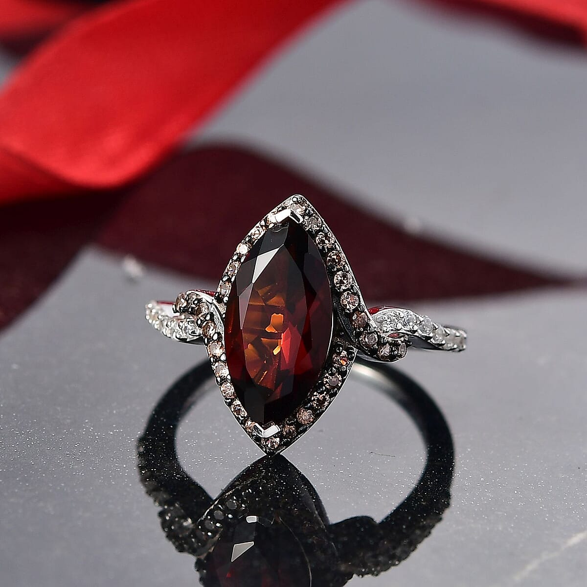 D'Joy Premium Red Citrine, White and Champagne Zircon 2.90 ctw Whisper of Fire Ring in Rhodium Over Sterling Silver (Size 8.0) image number 1