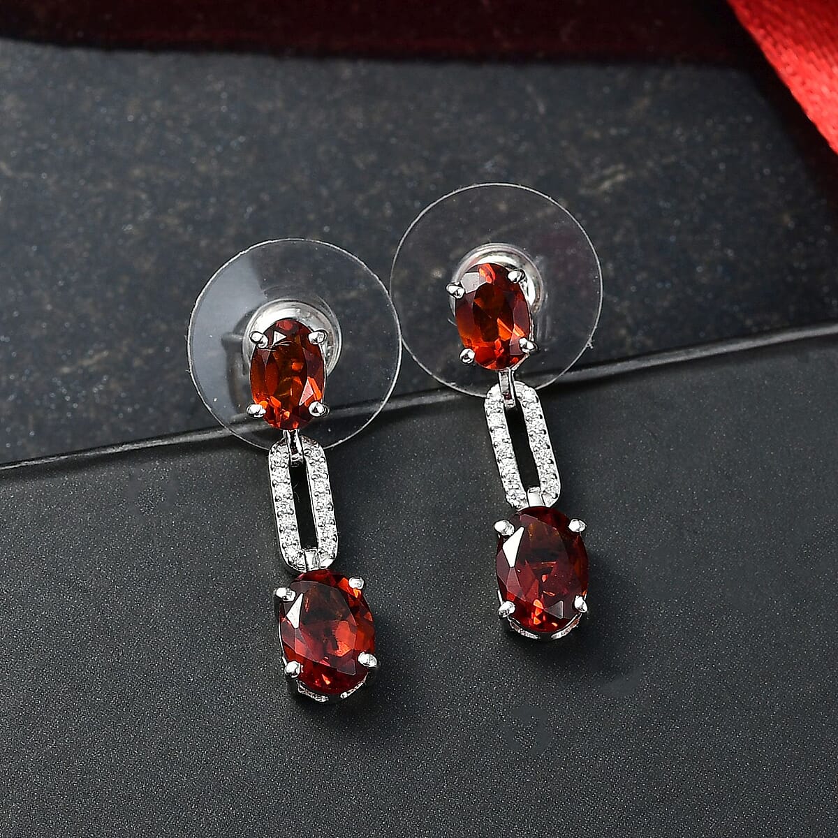 D'Joy Premium Red Citrine and Moissanite 2.50 ctw Chain of Flames Earrings in Rhodium Over Sterling Silver image number 1
