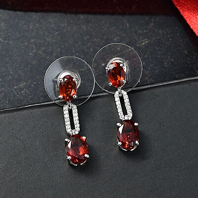 D'Joy Premium Red Citrine and Moissanite 2.50 ctw Chain of Flames Earrings in Rhodium Over Sterling Silver