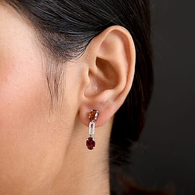 D'Joy Premium Red Citrine and Moissanite 2.50 ctw Chain of Flames Earrings in Rhodium Over Sterling Silver