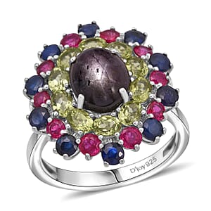 D'Joy Premium Indian Star Ruby and Multi Gemstone 10.20 ctw Galaxy Queen Ring in Rhodium Over Sterling Silver (Size 10.0)