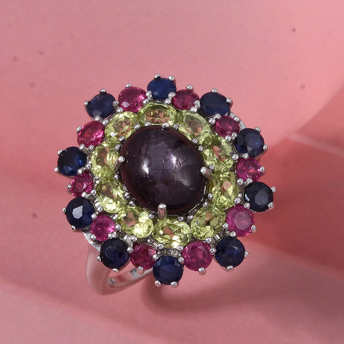 D'Joy Premium Indian Star Ruby and Multi Gemstone 10.20 ctw Galaxy Queen Ring in Rhodium Over Sterling Silver (Size 10.0) image number 1