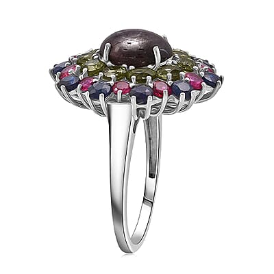 D'Joy Star Ruby, Multi Gemstone Ring in Rhodium Over Sterling Silver 10.20 ctw (Size 5.0)