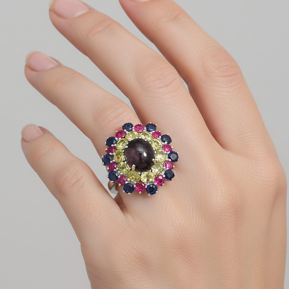 D'Joy Premium Indian Star Ruby and Multi Gemstone 10.20 ctw Galaxy Queen Ring in Rhodium Over Sterling Silver (Size 7.0) image number 2