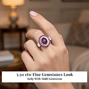 D'Joy Indian Star Ruby, Multi Gemstone Star Ring in Rhodium Over Sterling Silver 5.50 ctw (Size 10.0)
