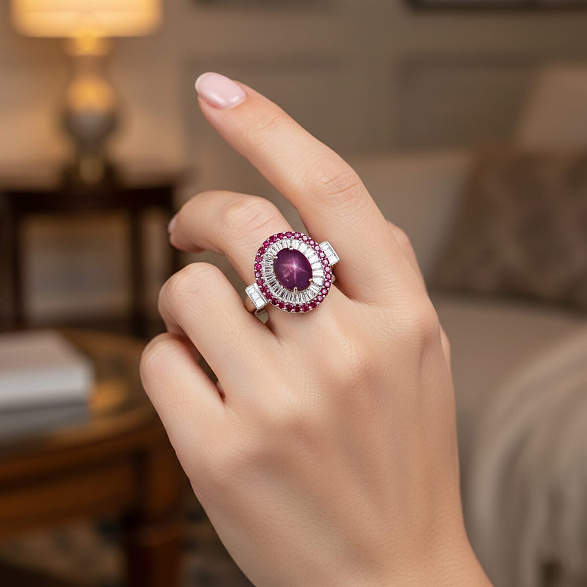 D'Joy Premium Indian Star Ruby, Multi Gemstone Ring in Rhodium Over Sterling Silver (Size 9.0) 5.50 ctw image number 2