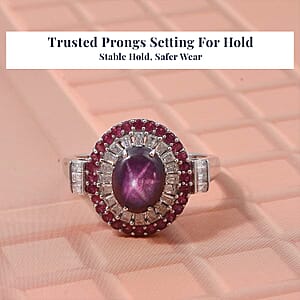 D'Joy Indian Star Ruby, Multi Gemstone Star Ring in Rhodium Over Sterling Silver 5.50 ctw (Size 10.0)