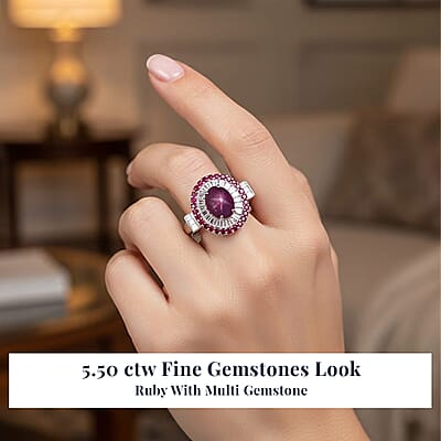 D'Joy Indian Star Ruby, Multi Gemstone Star Ring in Rhodium Over Sterling Silver 5.50 ctw (Size 6.0)