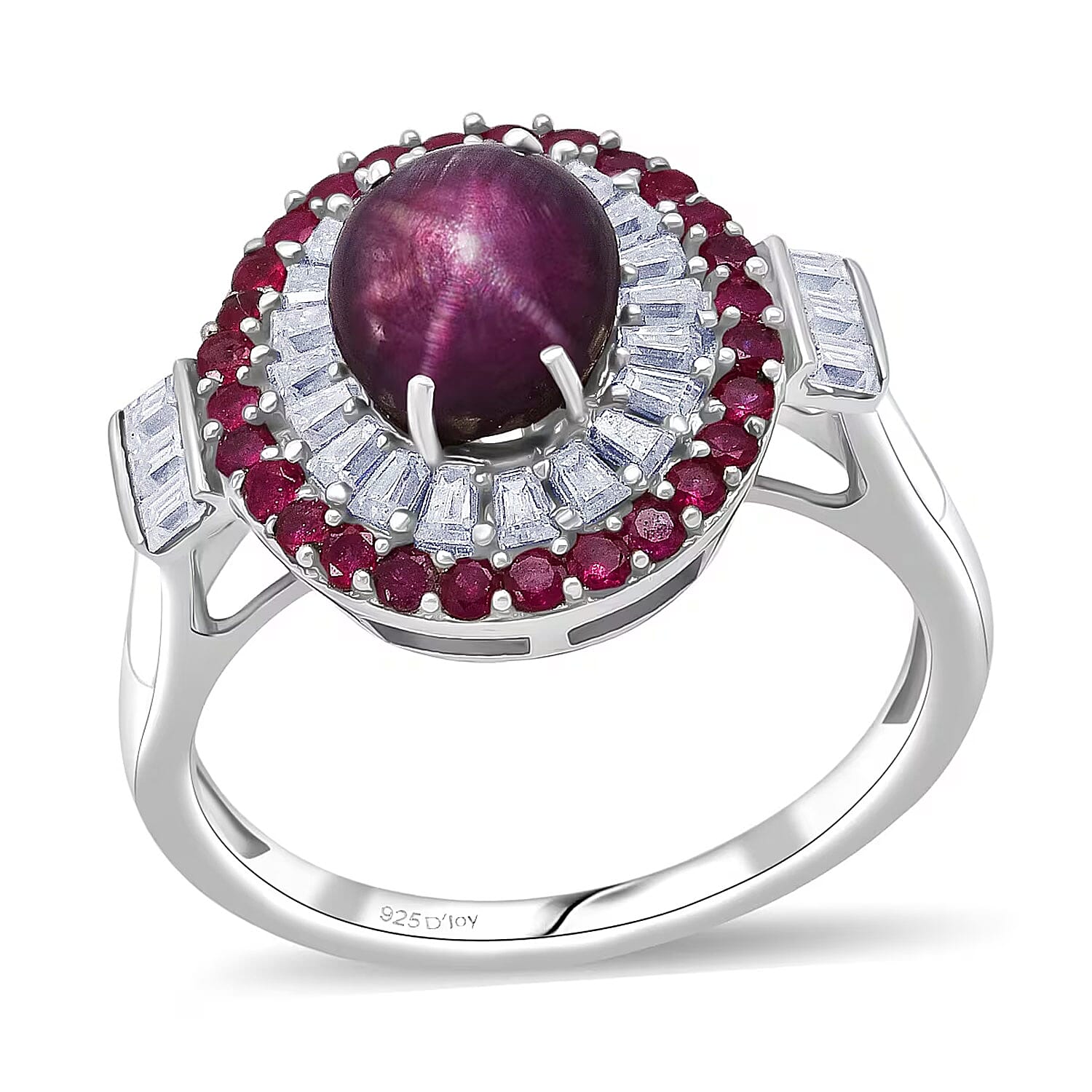 D'Joy Premium Indian Star Ruby, Multi Gemstone Ring in Rhodium Over Sterling Silver (Size 9.0) 5.50 ctw