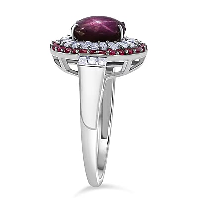 D'Joy Indian Star Ruby, Multi Gemstone Star Ring in Rhodium Over Sterling Silver 5.50 ctw (Size 7.0)