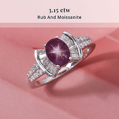 D'Joy Star Ruby, Moissanite Ring in Rhodium Over Sterling Silver 3.15 ctw (Size 10.0)
