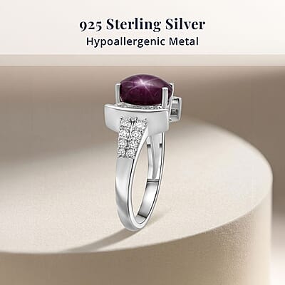 D'Joy Star Ruby, Moissanite Ring in Rhodium Over Sterling Silver 3.15 ctw (Size 10.0)
