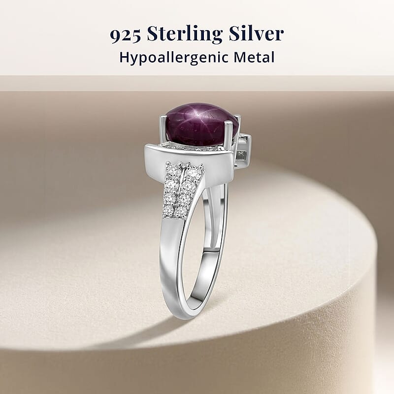D'Joy Star Ruby, Moissanite Ring in Rhodium Over Sterling Silver 3.15 ctw (Size 10.0)