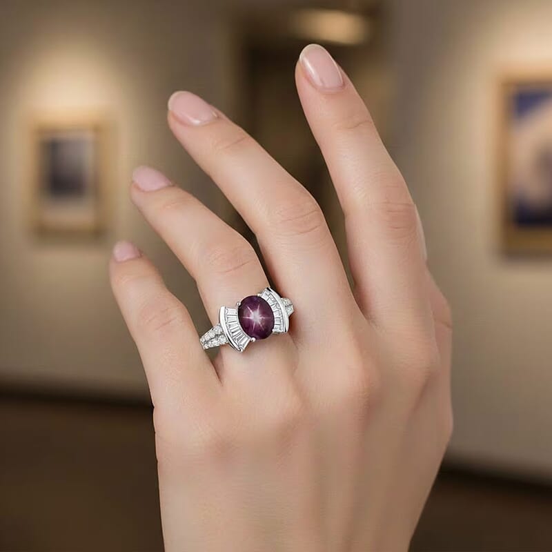 D'Joy  Star Ruby, Moissanite Ring in Rhodium Over Sterling Silver 3.15 ctw (Size 8.0)