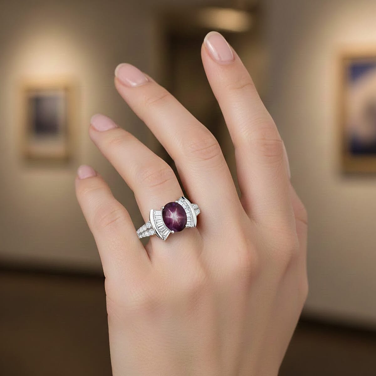 D'Joy  Star Ruby, Moissanite Ring in Rhodium Over Sterling Silver 3.15 ctw (Size 8.0) image number 2