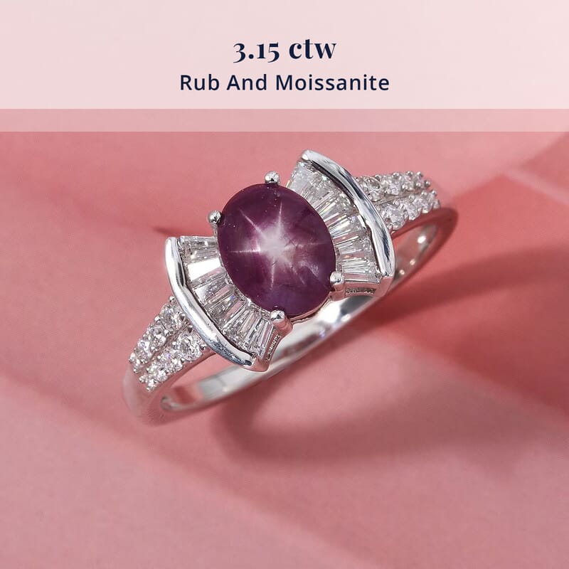 D'Joy  Star Ruby, Moissanite Ring in Rhodium Over Sterling Silver 3.15 ctw (Size 8.0)