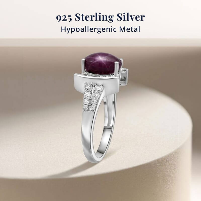 D'Joy  Star Ruby, Moissanite Ring in Rhodium Over Sterling Silver 3.15 ctw (Size 8.0)