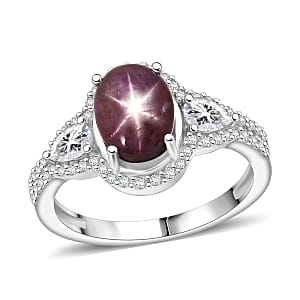 D'Joy Premium Indian Star Ruby and Moissanite 4.30 ctw Starlit Wings Ring in Rhodium Over Sterling Silver (Size 7.0)