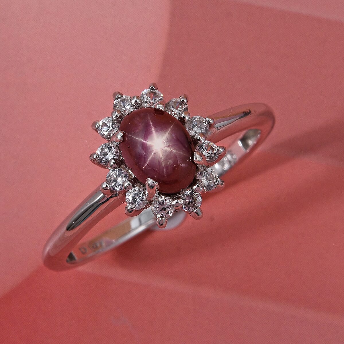 D'Joy Premium Indian Star Ruby and White Zircon 2.00 ctw Starlit Blossom Ring in Rhodium Over Sterling Silver (Size 10.0) image number 1