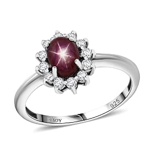 D'Joy Premium Indian Star Ruby and White Zircon 2.00 ctw Starlit Blossom Ring in Rhodium Over Sterling Silver (Size 7.0)